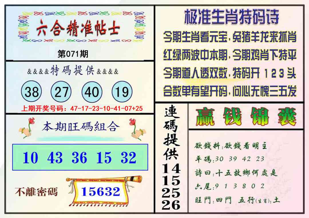 071期精准贴士[图]